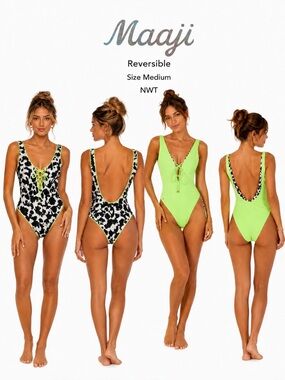 Maaji Lime Light Reversible One-Piece Swimsuit Black animal/Lime NWT Med